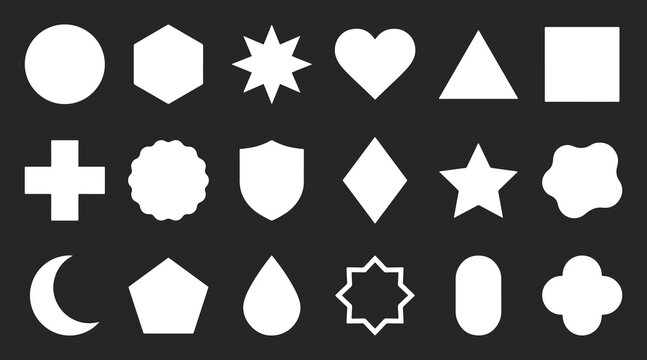 Simple white geometric shapes collection on dark background for design education.