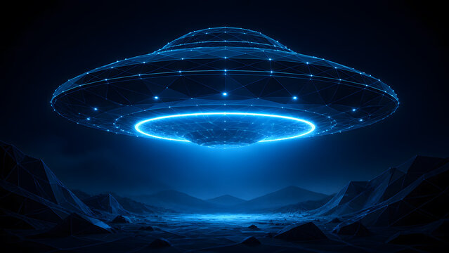 Wireframe flying saucer hovering silently above dark rocky landscape emitting glowing blue ring light beam
