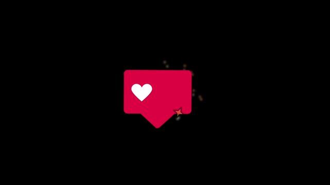 10K likes notification &mdash; red speech bubble badge with white heart icon and "10K" text, social media milestone, 10 thousand likes, celebration graphic, sparkling stars, black background, UI element, ac