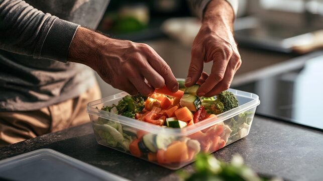 Mann f&uuml;llt frisch geschnittenes Gem&uuml;se f&uuml;r Meal Prep in einen Vorratsbeh&auml;lter
