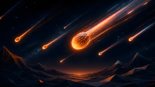 Wireframe meteor shower falling rapidly toward rocky planet surface with glowing fiery orange light trail