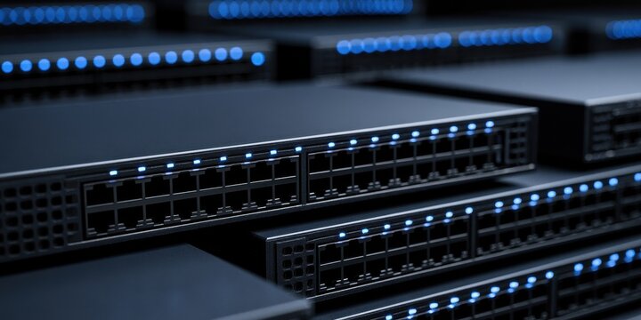 Network Switches with Glowing Blue Lights in a Data Center Rack
