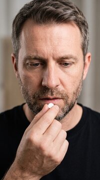 Mature caucasian man holding white pill near his mouth before taking medicine. Close-up portrait showing treatment and healthcare in everyday home setting.