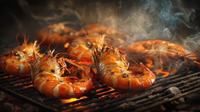 giant tiger prawns grilling over glowing charcoal, shells turning bright orange, slight char marks, sizzling butter and garlic, smoke swirling around