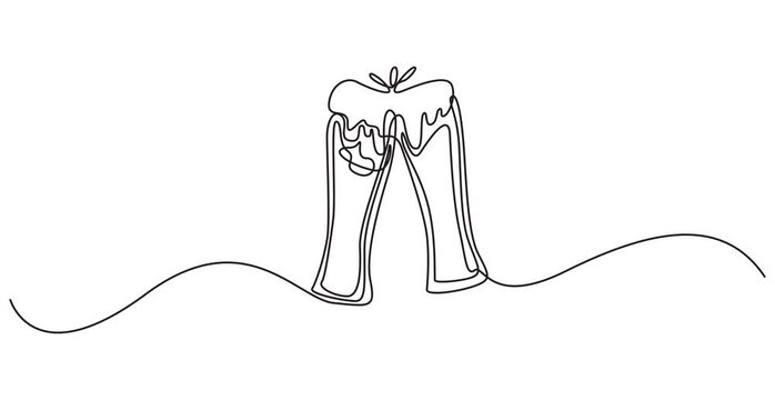 Self drawing animation one continuous line draw, logo, Abstract hand with two mugs, glass beer, Continuous line drawing beer glass, bottle, one line art, minimalist drink icons video, 4K videos