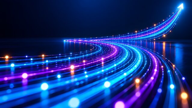 Colorful glowing digital arrow of fiber optic light trails on a smooth reflective surface representing data transfer speed