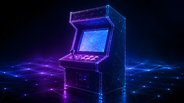 glowing digital arcade machine cabinet representing retro video game entertainment and classic gaming technology background