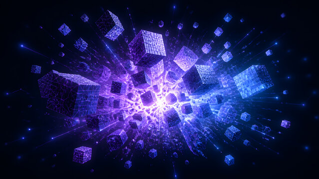 glowing digital cube explosion burst representing technology innovation data particle and abstract futuristic energy background