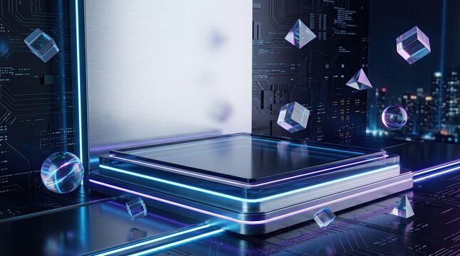 High tech computer processor chip surrounded by glowing blue neon light lines on a dark circuit board