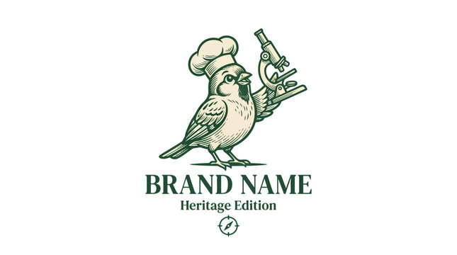 Vintage style logo featuring a sparrow wearing a chef hat and holding a microscope.