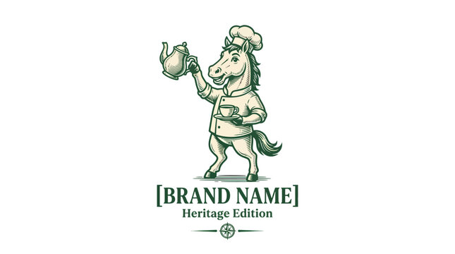Vintage style logo illustration of a horse chef holding a teapot.