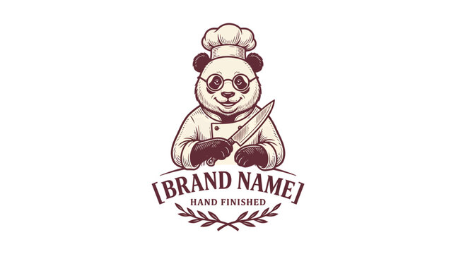 Vintage style panda chef mascot logo with knife and hat.