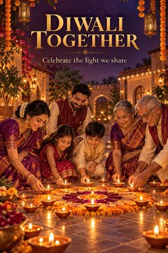 Indian Family Celebrating Diwali Lighting Diyas Together