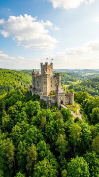 A medieval stone castle stands on a forested hill, its towers rising above the lush green canopy in this tranquil, sunlit landscape, idyllic, fortification, stronghold