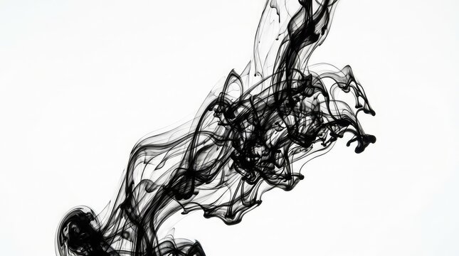 A photograph of black ink trails in water, captured against a clean white background, creating an abstract and dynamic pattern for design, bubble, ripple, minimalist