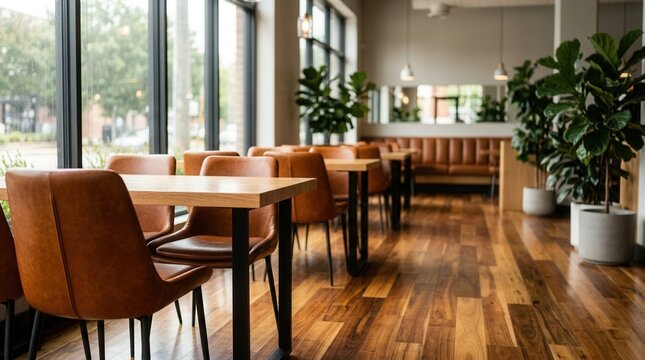 Modern cafe interior with polished wood floors and comfortable upholstered seating.