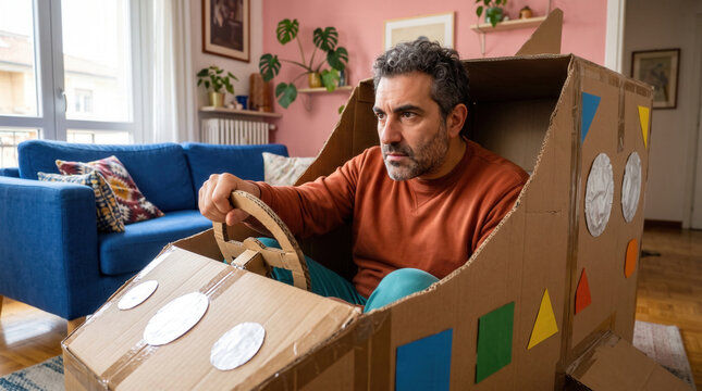 Man Pretending to Drive a Cardboard Vehicle at Home