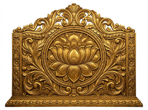 Golden rectangular throne backrest with central lotus medallion and elaborate botanical relief carving