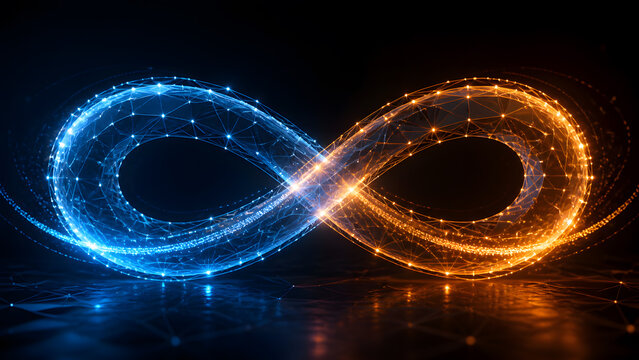 glowing blue and orange infinity symbol wireframe representing endless loop and balance in digital style