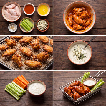 Culinary step-by-step cooking process infographic showing preparation of Buffalo chicken wings with ingredients, tossing in sauce, baking on wire rack, blue cheese dip, and serving with celery and car