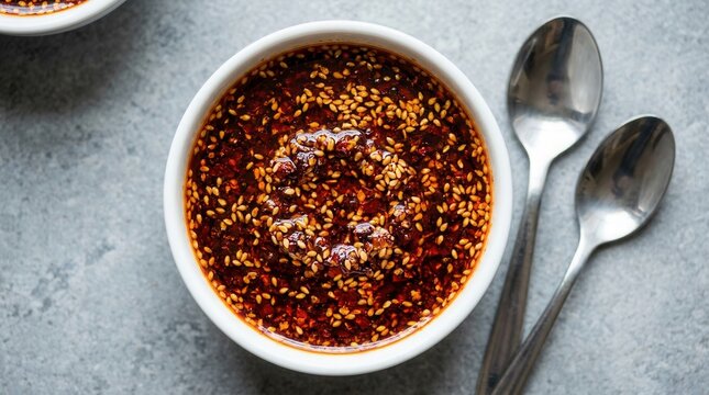A bowl of spicy hot chili crisp oil with sesame seeds.