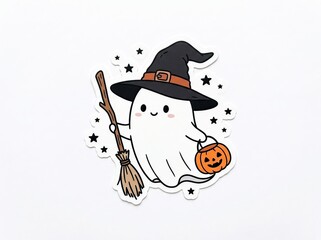 Cute cartoon ghost wearing a witch hat and holding a broomstick and a jackolantern bucket isolated on white background