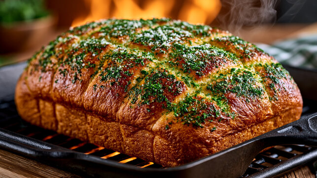 Freshly baked loaf of garlic herb bread on a hot grill with flames in the background