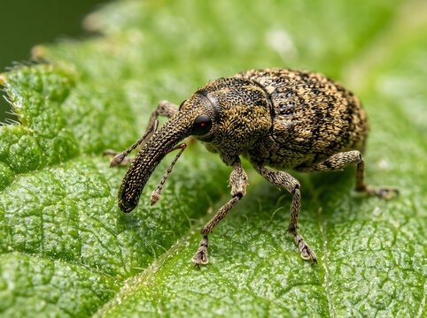 Macro photography of a small snout beetle resting on a vibrant green leaf.