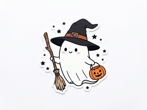 Cute cartoon ghost wearing a witch hat and holding a broomstick and a jackolantern bucket isolated on white background