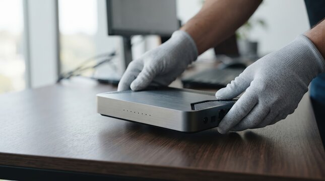 Close-up of an IT technician wearing protective gloves placing a modern sleek network router or mini computer hardware device on an office desk for setup.