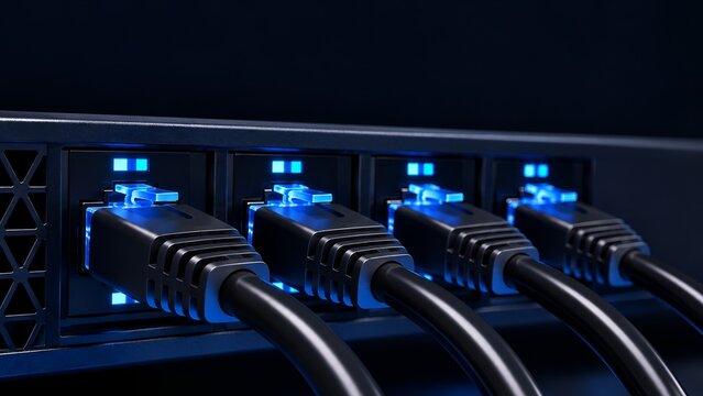 Network switch with connected ethernet cables and blue lights