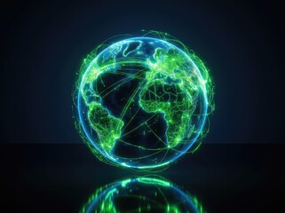 Fototapeta premium A conceptual visualization of a digital Earth glowing with a global network of green light streaks, connections, and reflections on a sleek surface, high-tech, science, futuristic