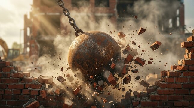 A heavy wrecking ball hitting a brick wall during a demolition at a construction site.