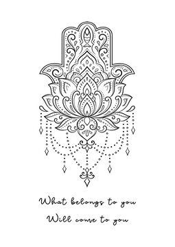 Minimalist wellness and yoga design featuring a symbolic Hamsa hand, peaceful decorative elements with quotes