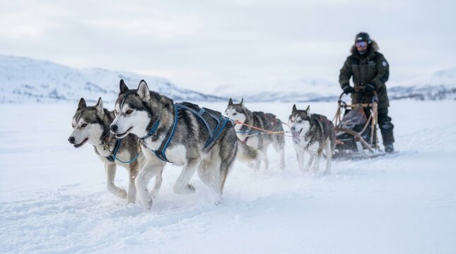 Husky dog sled team racing through the winter snow.