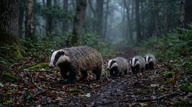 European badgers in misty woods for National Badger Day