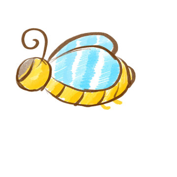 Hand drawn crayon style honey bee illustration with bright blue wings