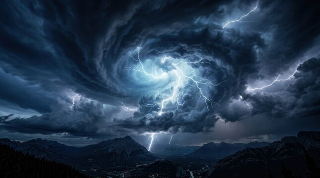 Dramatic lightning bolts strike through turbulent storm clouds in a dark sky.