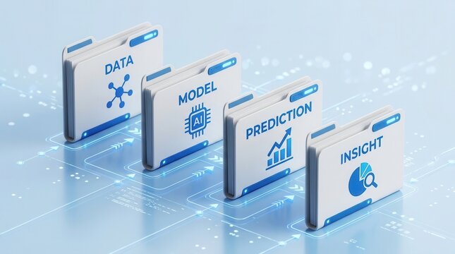 Artificial intelligence process sequence showing data, model, prediction, and insight on 3D white document files.