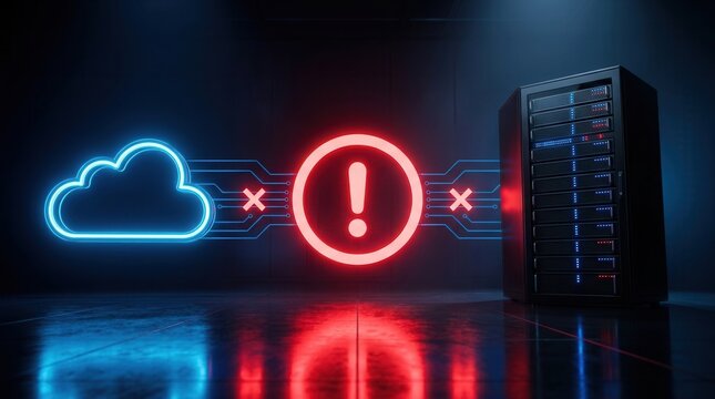 High tech neon glowing cloud network disconnected from a black server rack with a red service outage warning alert.