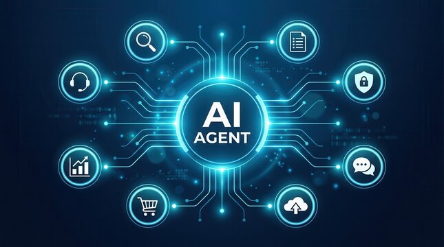 Elegant glowing AI agent node connecting to various digital services and cloud storage.