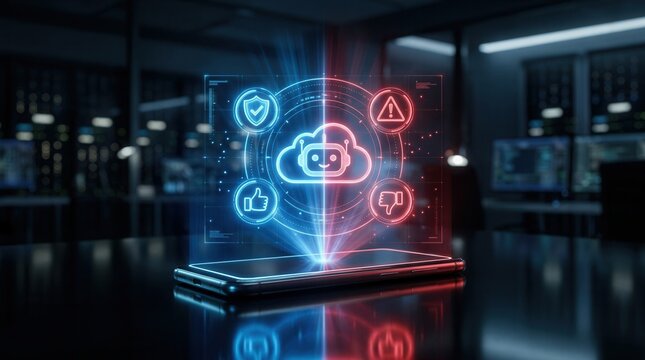 AI hallucination and misinformation concept with glowing hologram icons including caution and bad response.