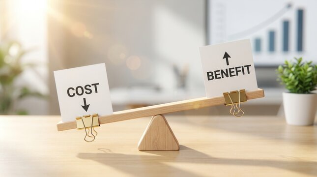 Wooden balance scale weighing cost and benefit paper cards for ROI analysis.