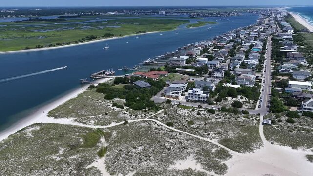 Aerial Drone Footage of Wrightsville Beach NC Beachfront Homes and Coastal Neighborhood