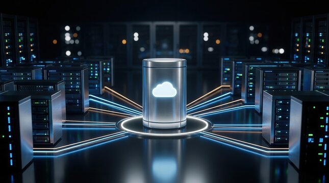 Abstract digital cloud computing icon connecting servers in a networked data center environment.