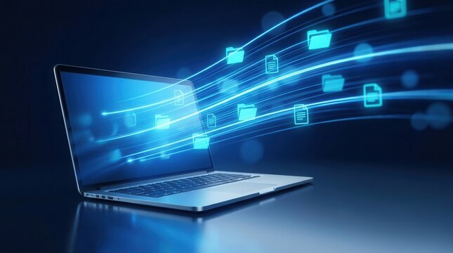 Glowing digital folders and document icons flowing from a laptop computer for high speed data transfer.