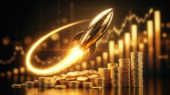 Golden rocket launching from stacks of coins with a curved light trail for exponential economic growth.