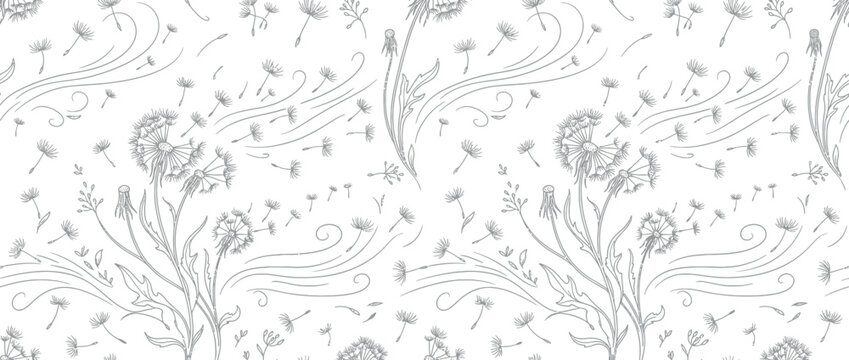 Dandelion seeds blowing in the wind, seamless pattern illustration