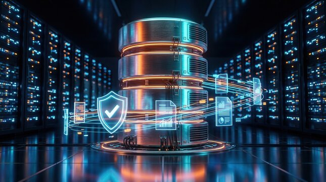 Secure server base cylinder connected to database racks with glowing shield and document icons.