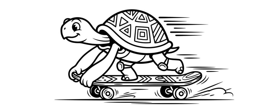 Happy cartoon turtle riding a skateboard